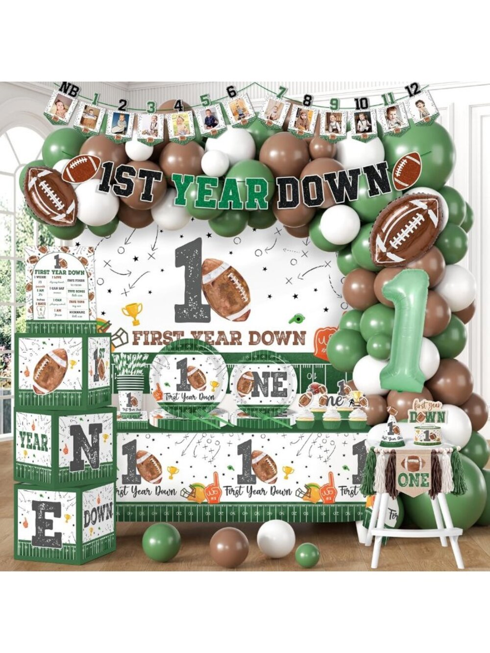 All-in-One Football First Birthday Party Decorations, Balloon Arch, Photo Banner